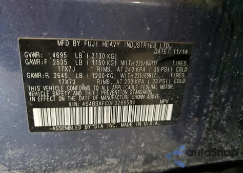 2015 Subaru Outback 2.5I Premium z USA, uszkodzony, nr VIN 4S4BSAFC0F3266504